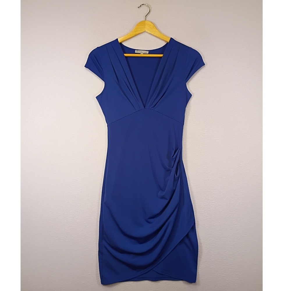Elegant Royal Blue Charlotte Russe Womens Small Ruched V-Neck Cocktail‎ Dress